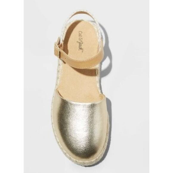 Girls' Luna Espadrille Sandals Gold Metallic Shiny Flats Cat & Jack Size Size 5 - Picture 2 of 3